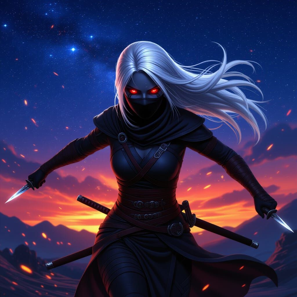 Drow Ninja Throws Shurikens Under Starry Night Sky