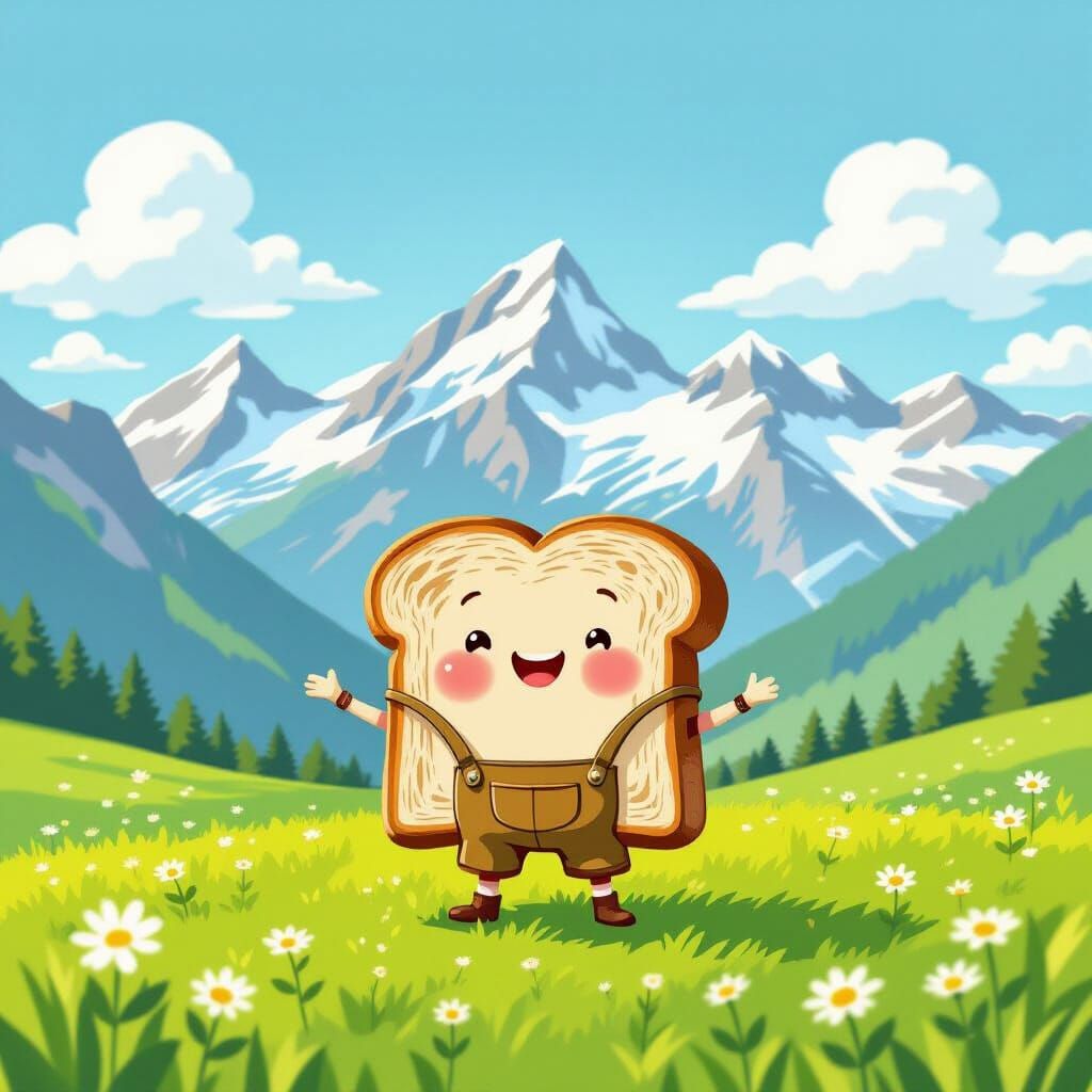Anthropomorphic Toast in Lederhosen on Swiss Alps Meadow
