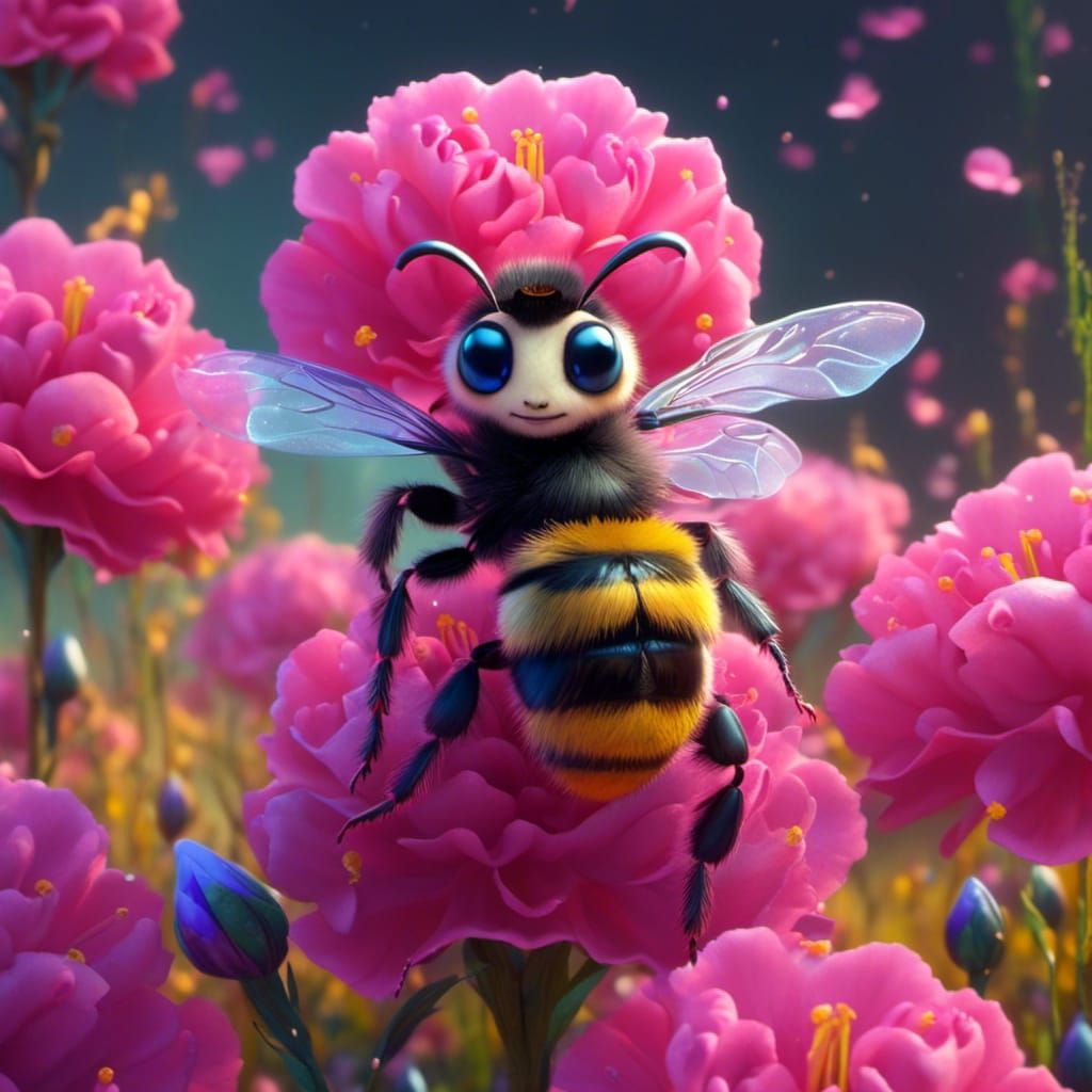 <lora:Jansson Style:1.0> A very cute, adorable, bee with huge eyes sitting on a beautiful pink  carnation  eating pollen