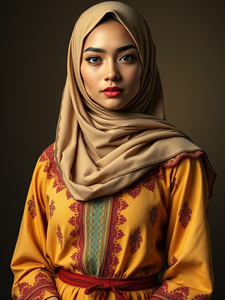 Serene Muslim Woman in Elegant FLDS-Inspired Art Nouveau Por...