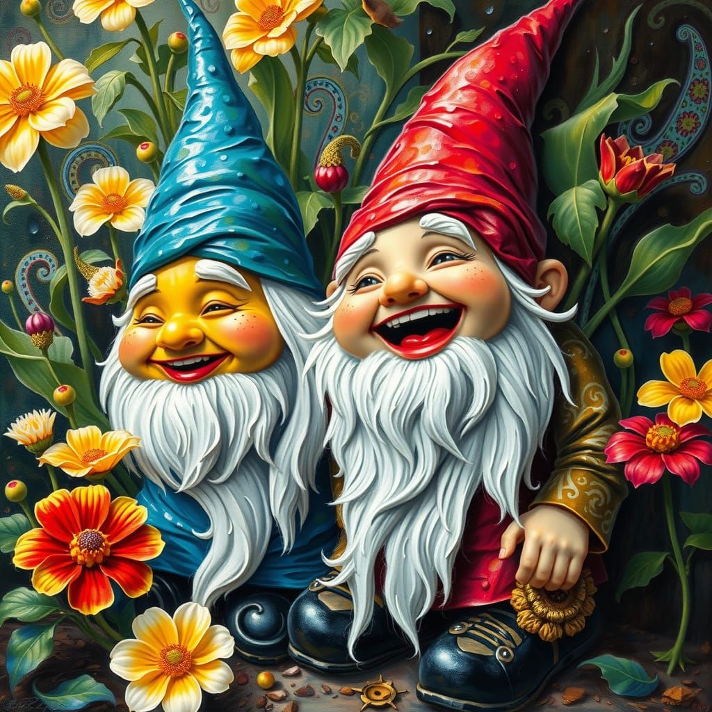 Laughing Gnome in Garden, Neo-Impressionist Impasto Painting