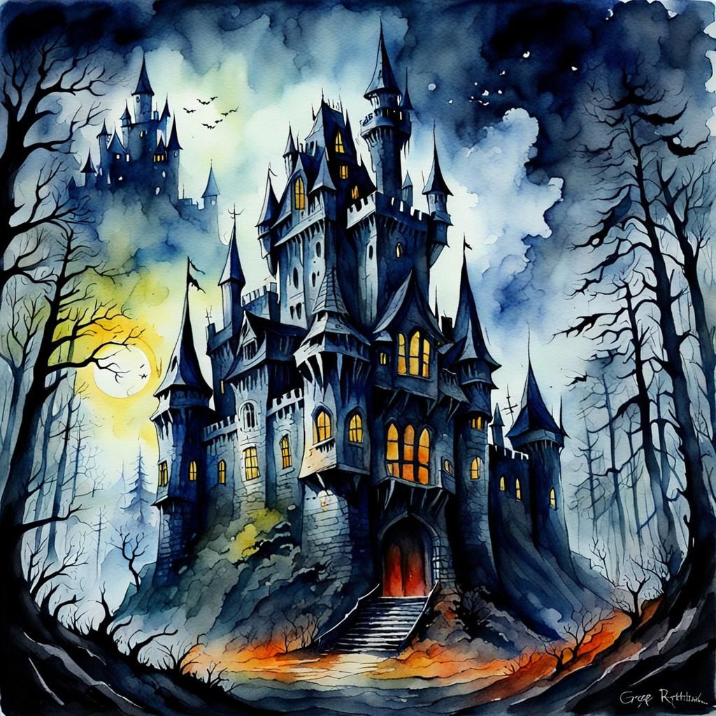 Scary Horror Castle in Haunted Forest: Watercolour Painting