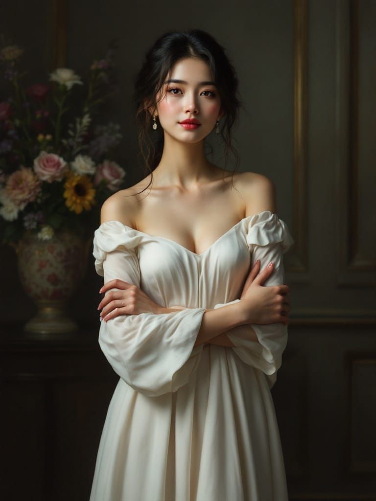 Serene Asian Maiden in Soft Luxury, Inspired by Classic Roma...