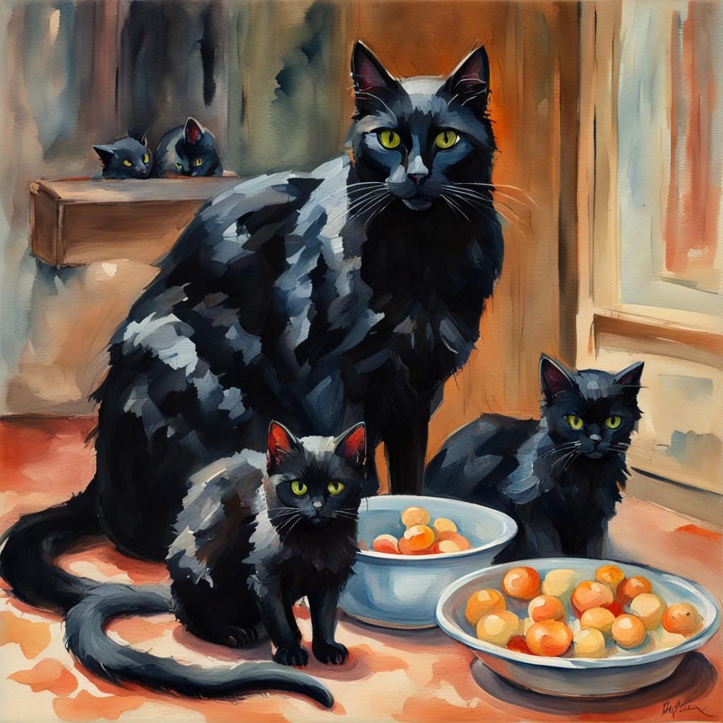 Cats Eating Poisoned Food in Gouache Style