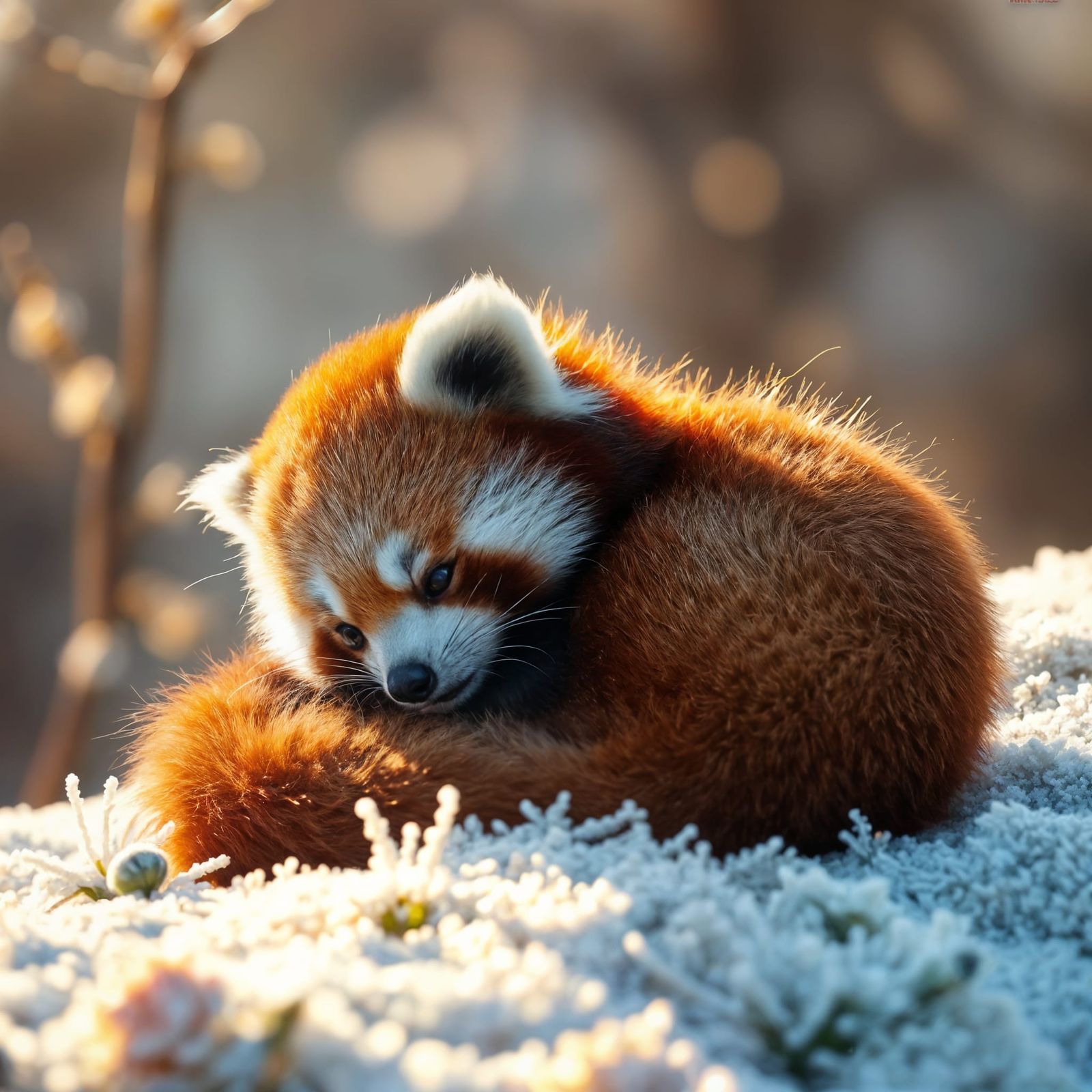 Red Panda in Morning Frost Landscape