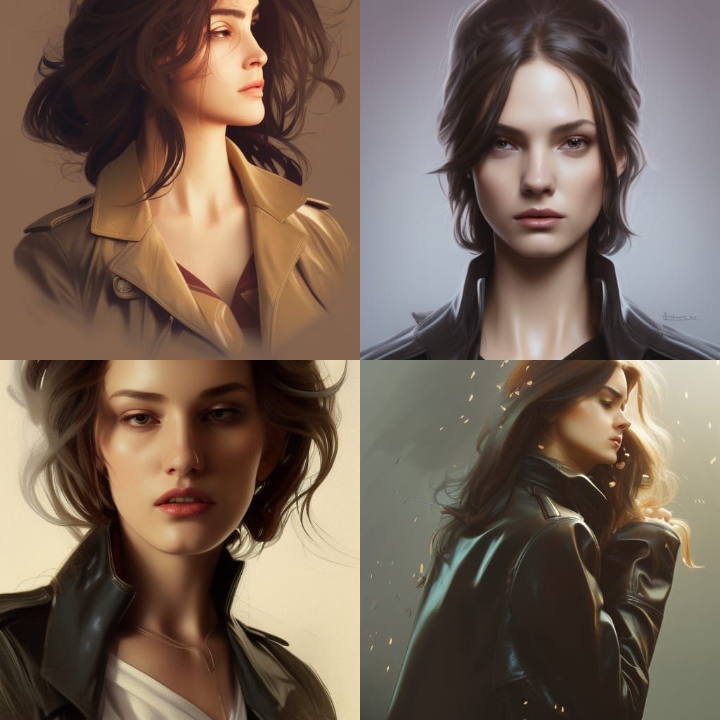Woman in Leather Trench Coat: Detailed Digital Portrait