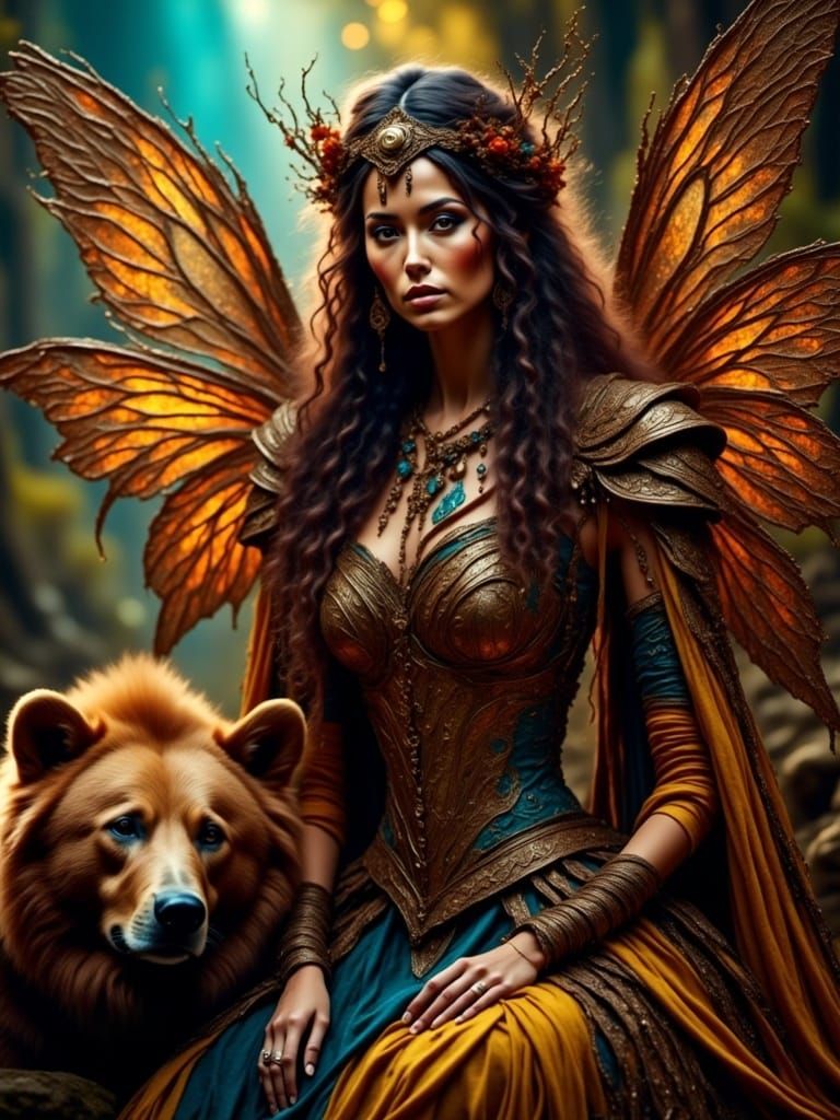 Steampunk Fairy with Bear in Dreamtime Landscape
