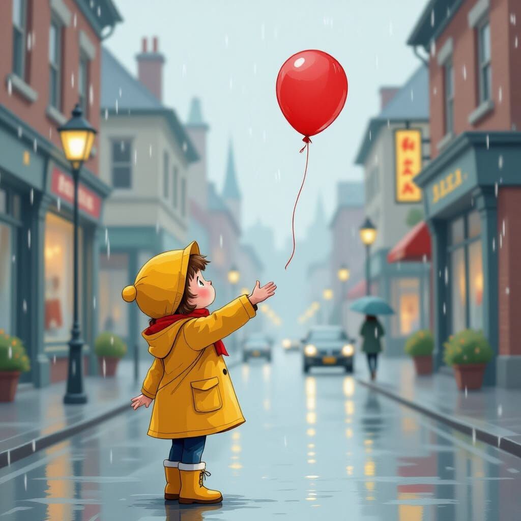 Melancholic Child Loses Balloon: Whimsical Animation Style