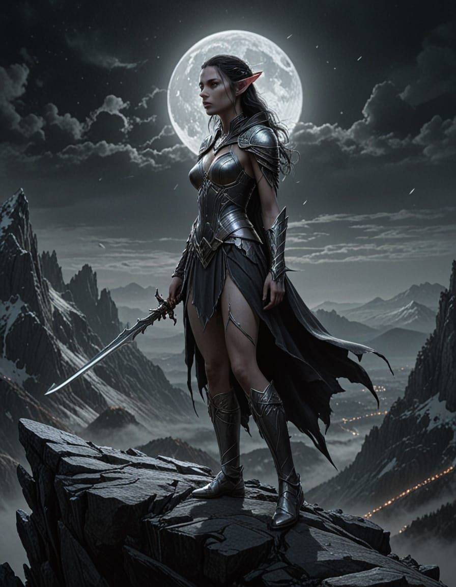 Elf Assassin Wielding Ice Power on Mountain Peak