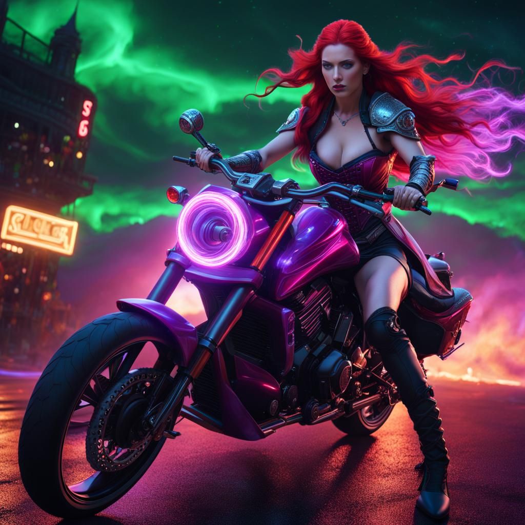 Elven Woman on Sport Bike in Fantasy Art Style