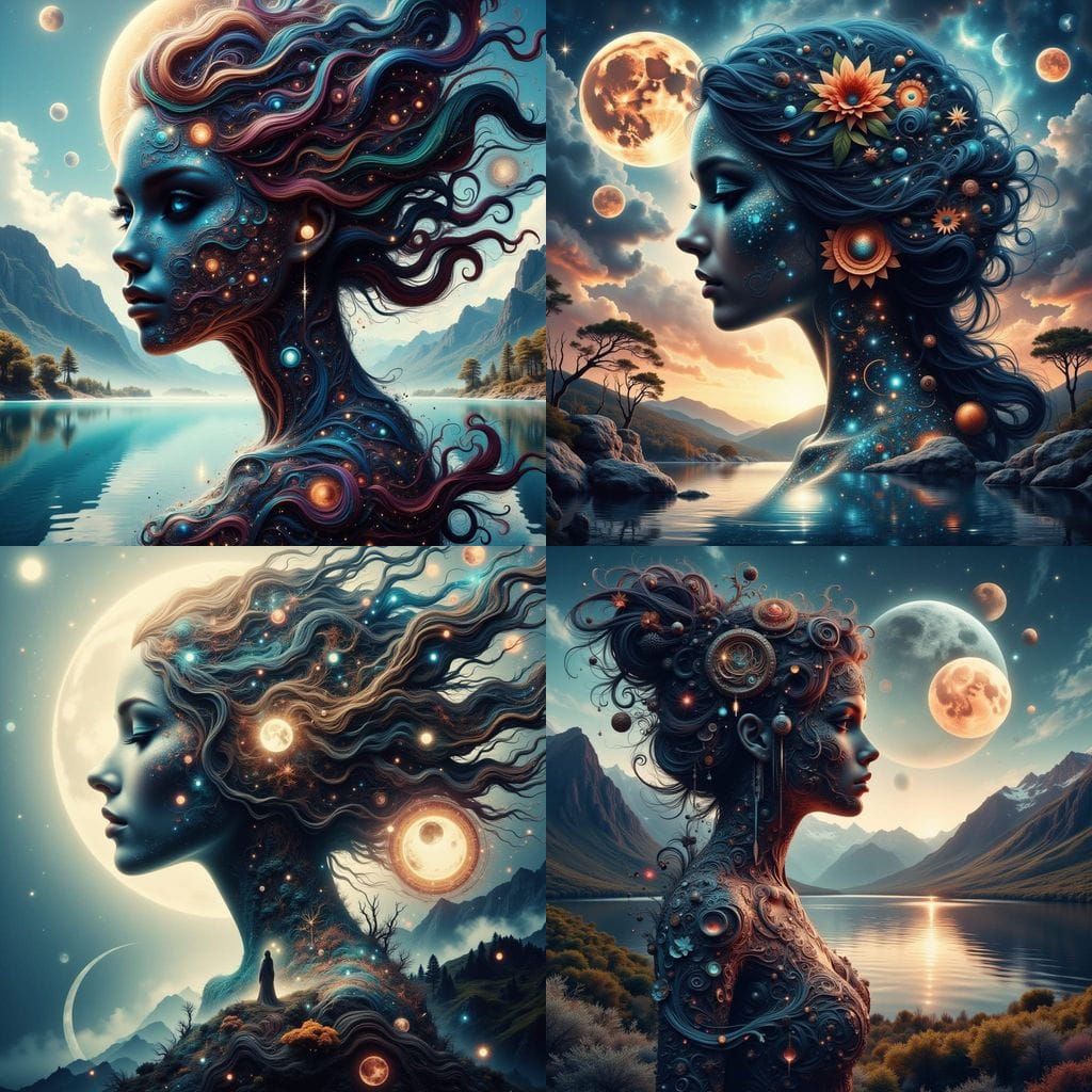 Surreal Bohemian Woman Surrounded by Celestial Glowing Runes...