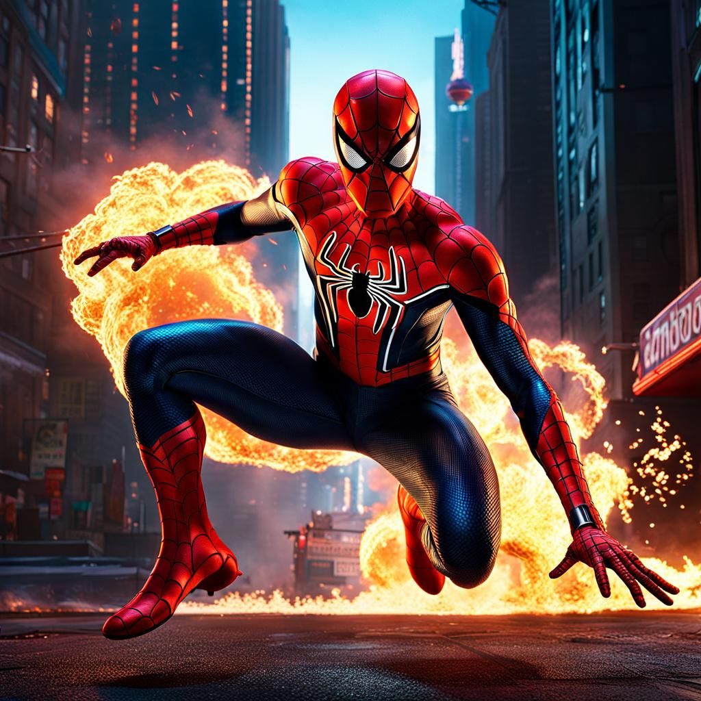 Spider-Man Swings Through Atomic Firestorm: Epic CGI Art