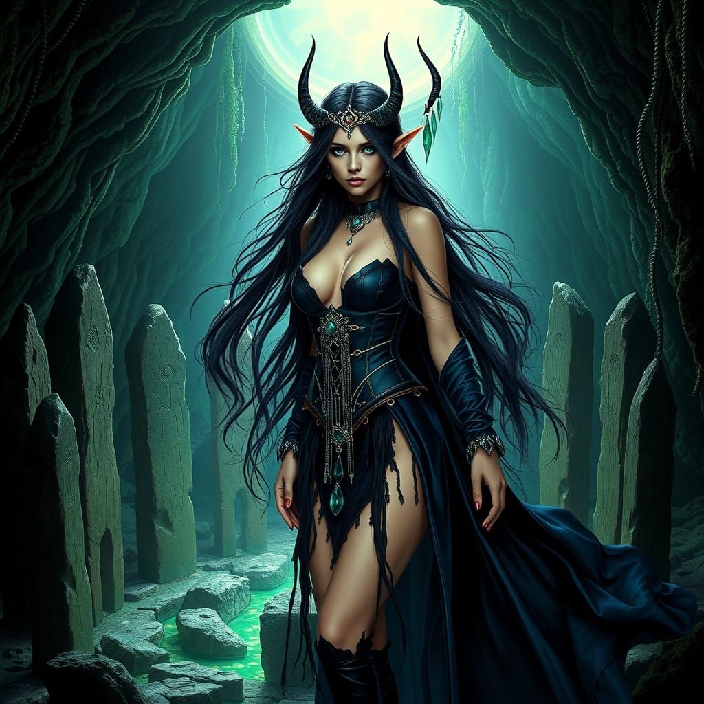 Elf Witch in Bioluminescent Grotto