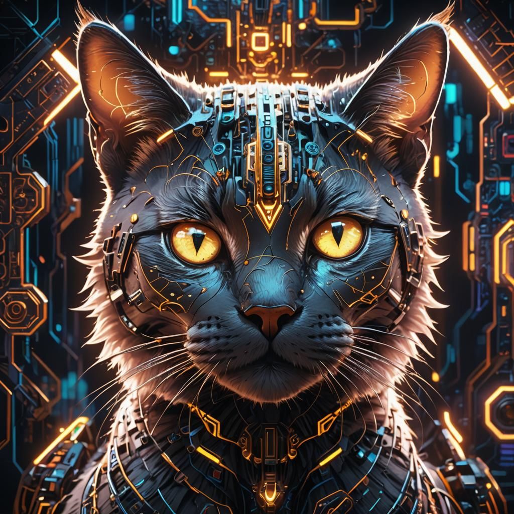Cyberpunk Cat with Glowing Circuitry and Neon Lights