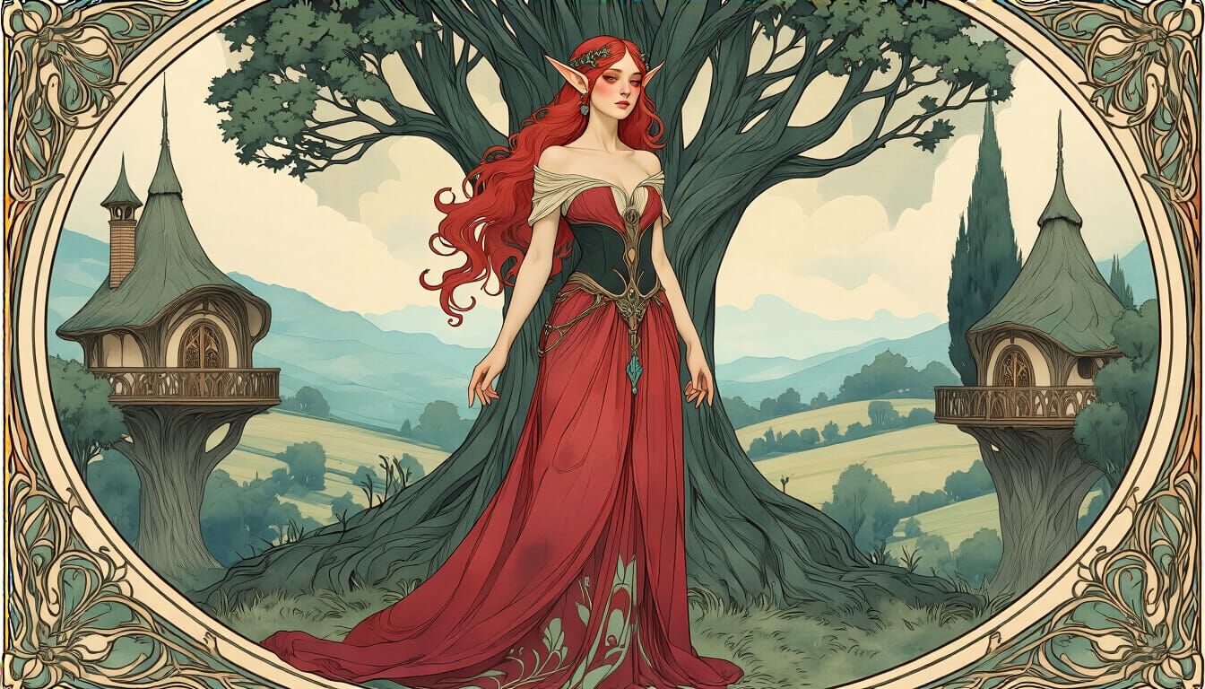Elegant Elvish Woman in Art Nouveau Landscape