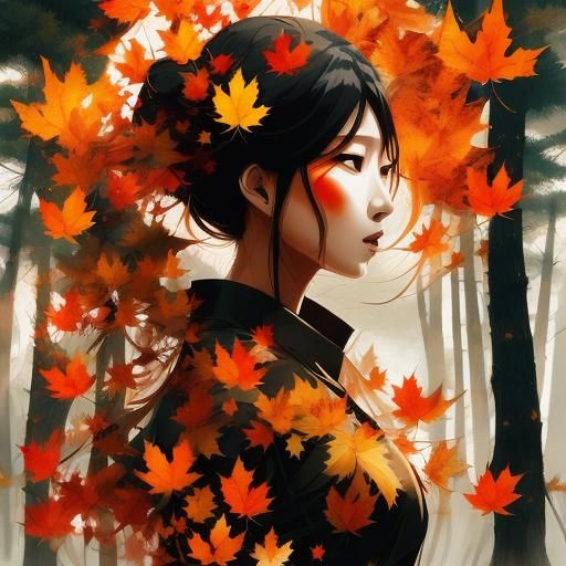 Beautiful Kitsune in Autumn Forest, Double Exposure Portrait