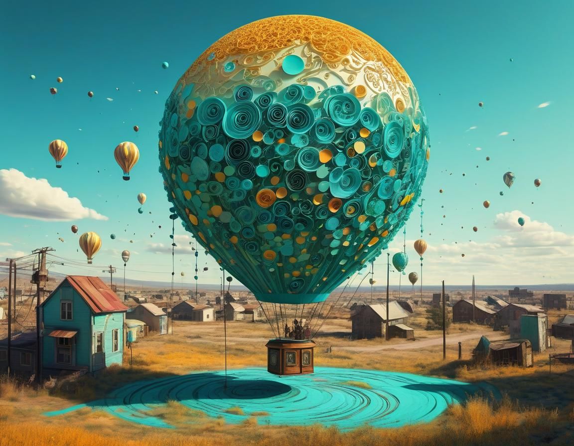 Ethereal Balloon in Sunlit Turquoise Landscape: Digital Art