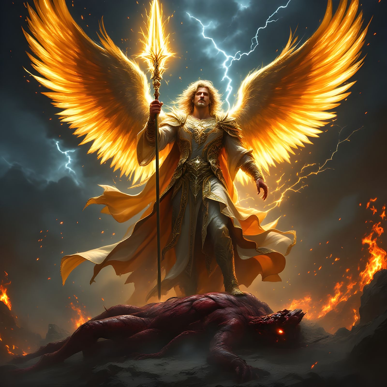 Archangel Defeats Red Demon in Dark Fantasy Triumph