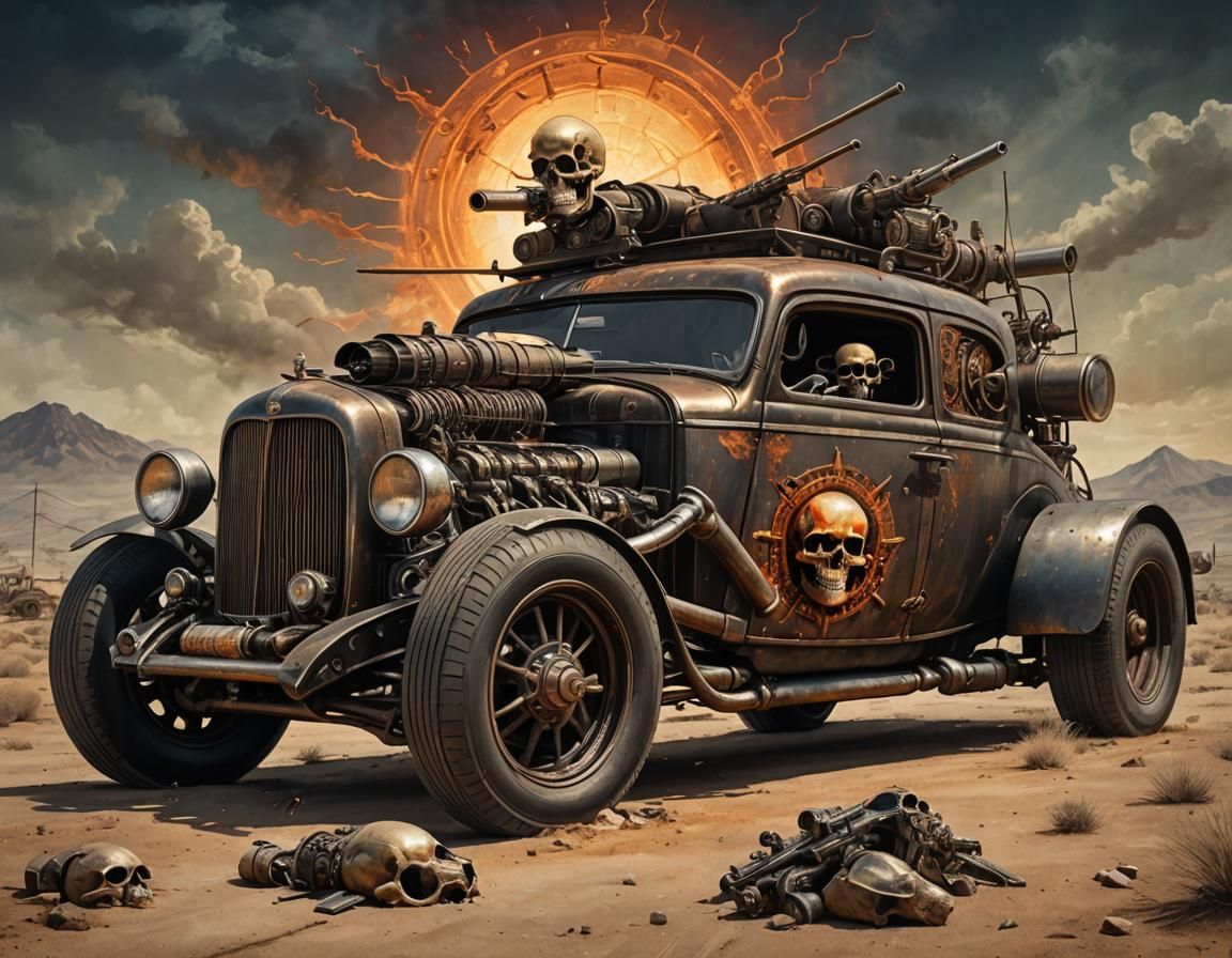 Dieselpunk Rat Rod with Skull Motif and Guns