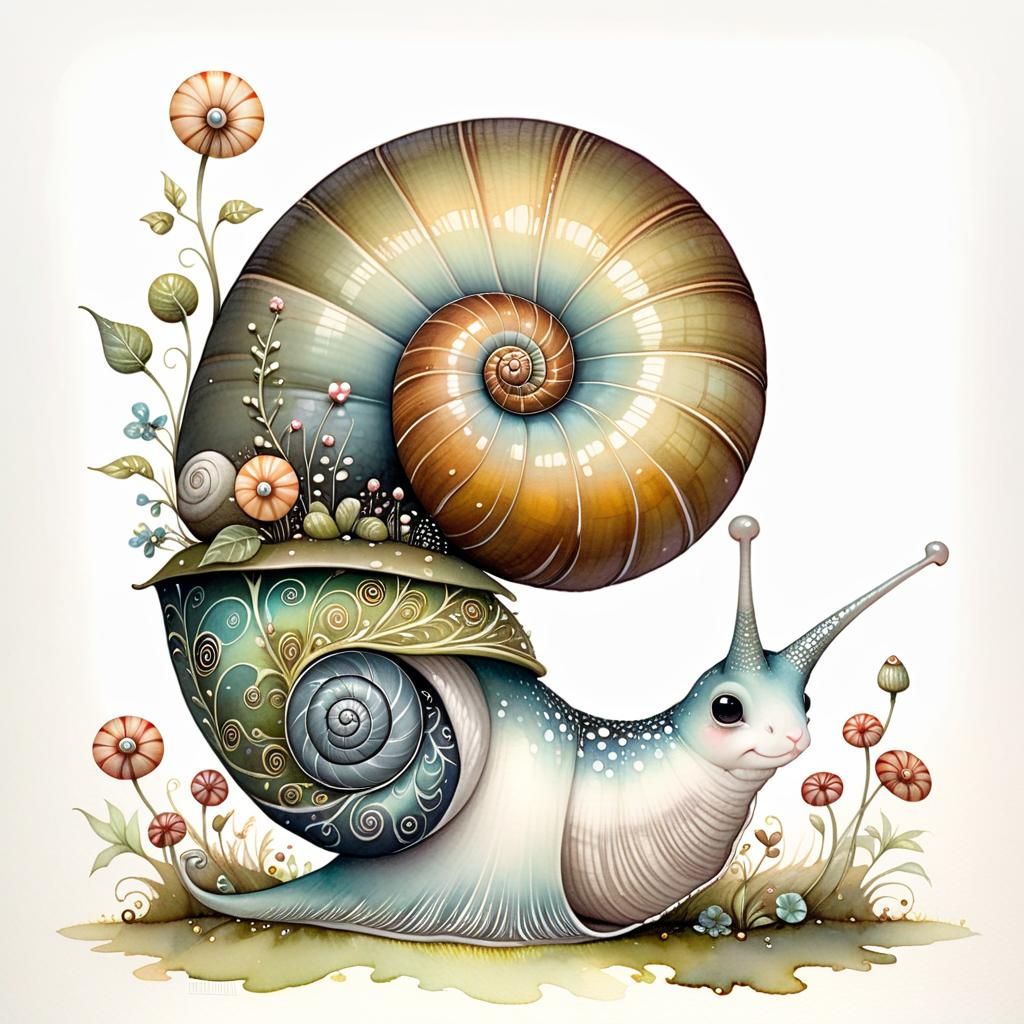 Whimsical Snail in Wild Garden: Hyperdetailed Alcohol Ink Ar...