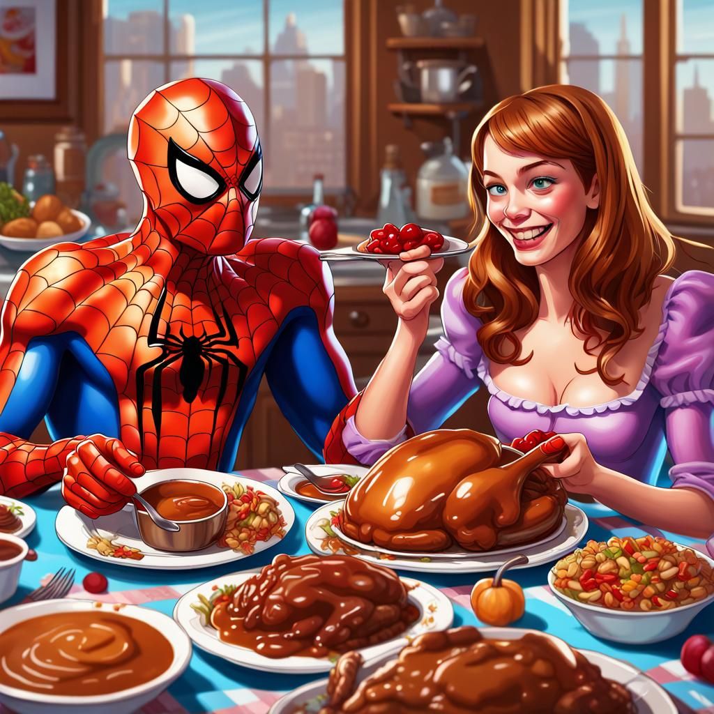 Spiderman and Mary jane Wattson having Thanksgiving dinner