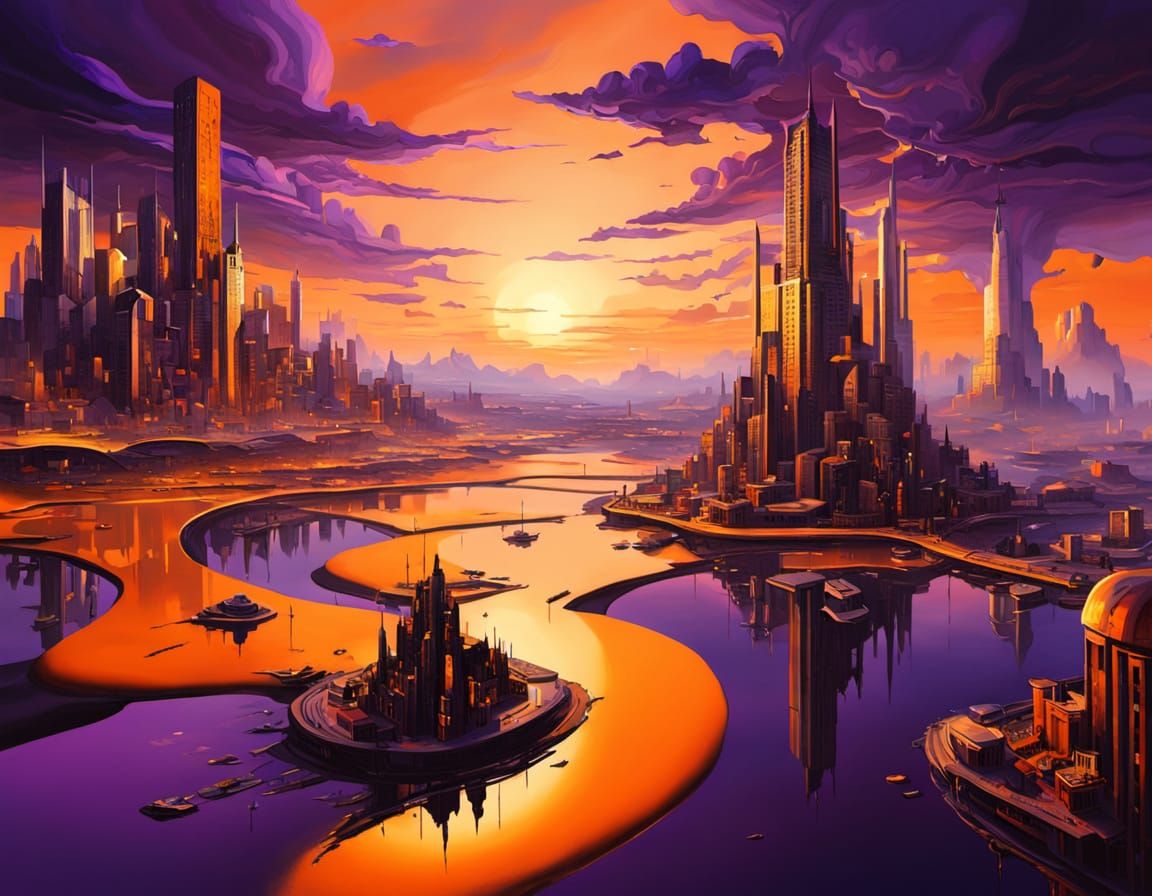 Surreal Futuristic Sky City Sunset in Dali Style
