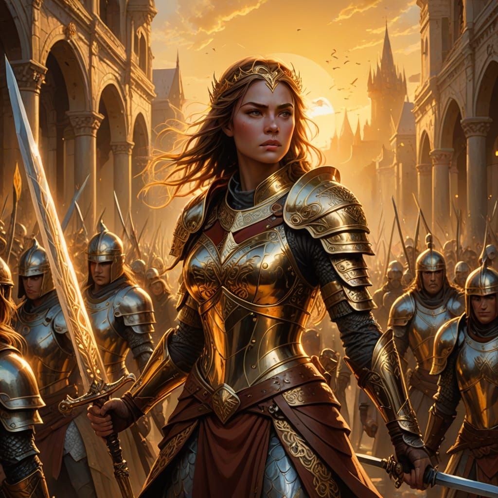 Warrior Princess Leading Troops into Epic Dawn Battle