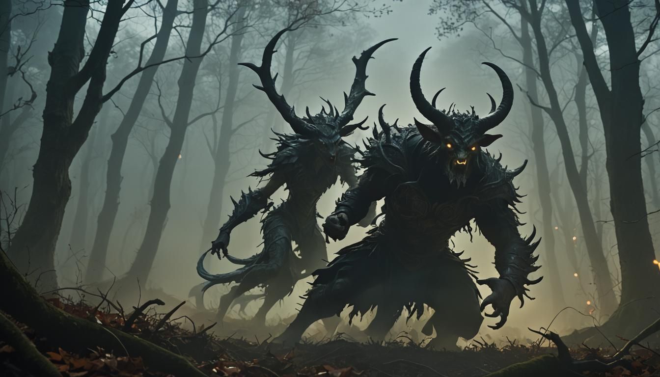 Horned Figure Hunting in Misty Forest, Cinematic Still