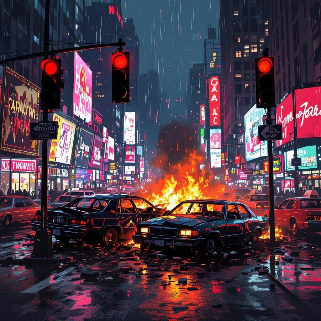 Chaotic Car Crash in Stormy Times Square, 1980s Night