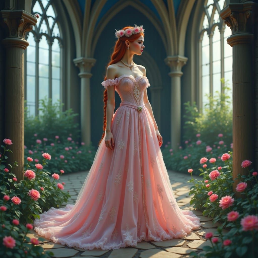 Gothic Princess with Braided Hair in Medieval Tower