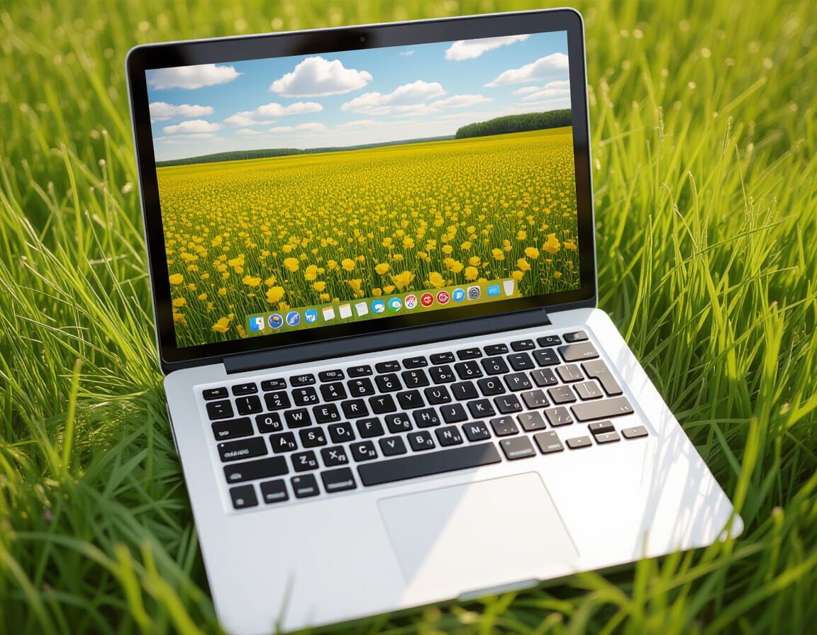 Laptop in Meadow Reflecting Same Scene