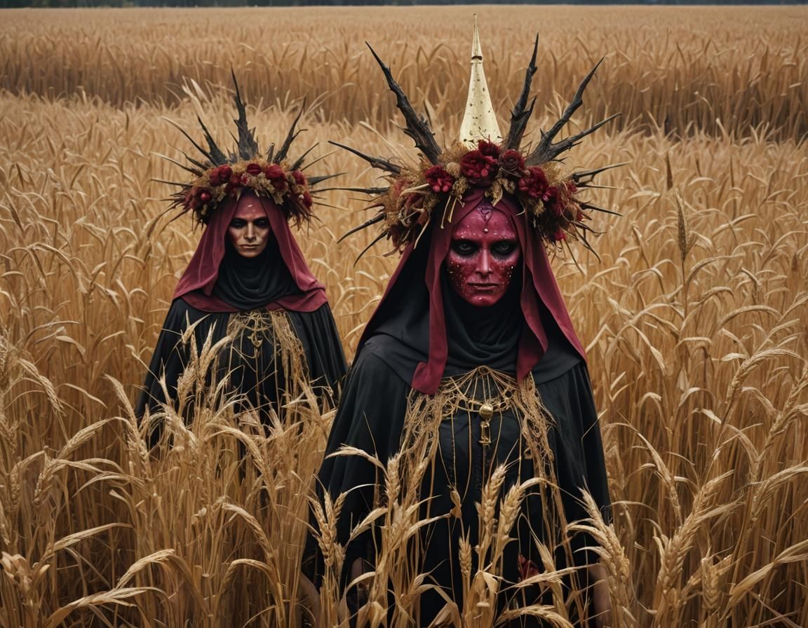 Eerie Veiled Witch Coven in Autumn Wheat Field
