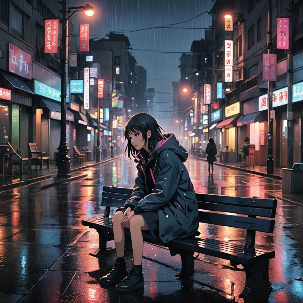 Anime Girl in Rainy City: Watercolor Key Visual