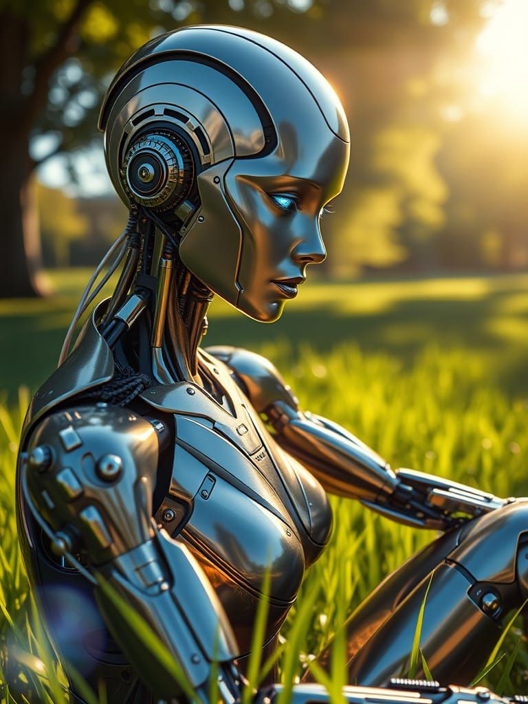 Elegant Android in Sunlit Park, Cybernetic Art