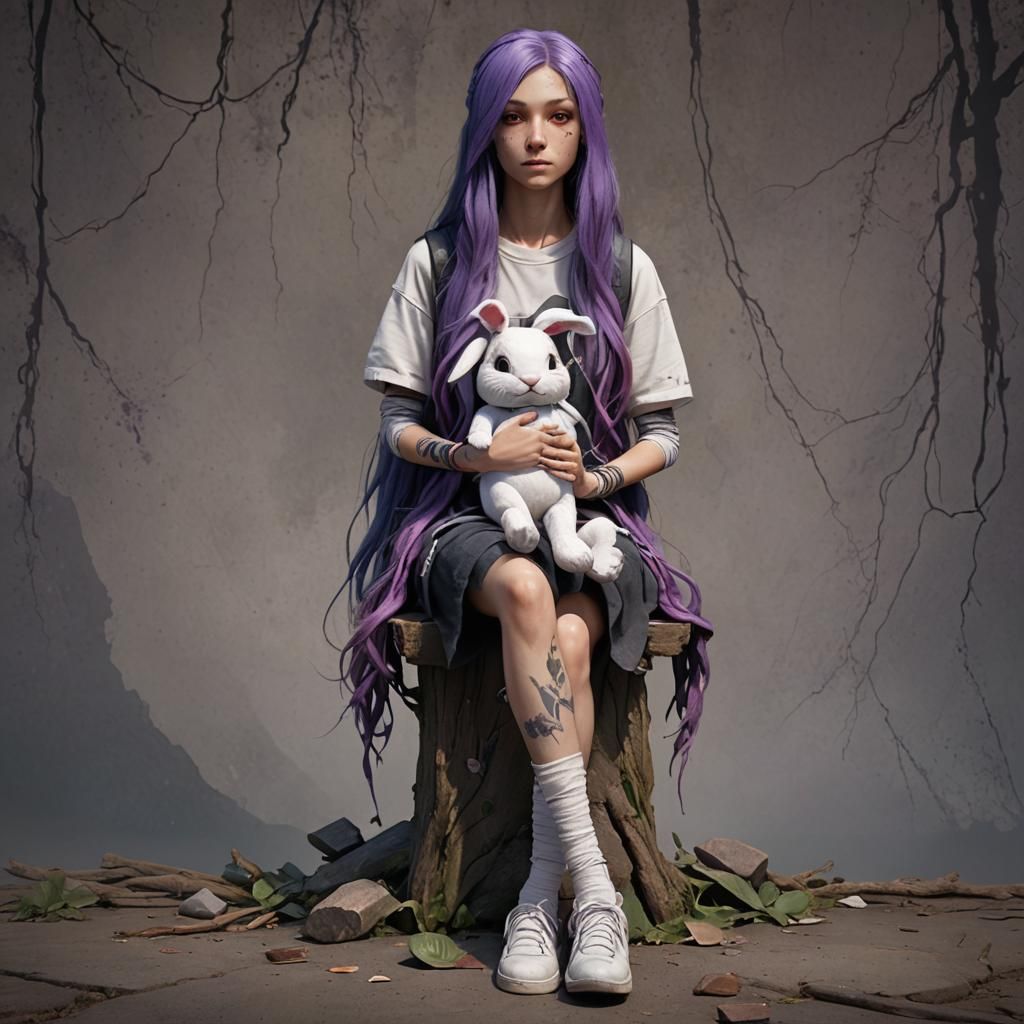 Girl with Purple Hair and Stuffed Bunny