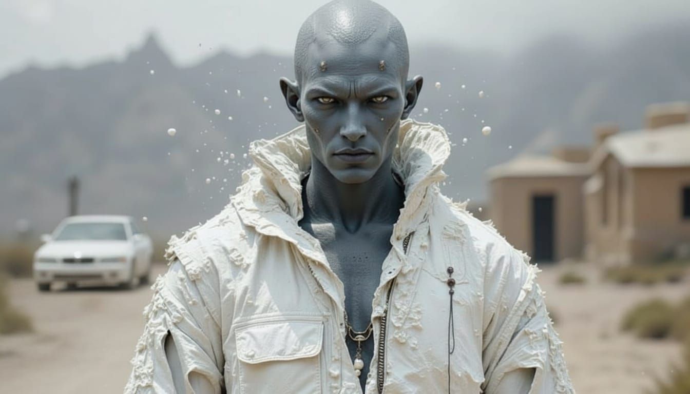 Portrait of a Figure in White with a White Car