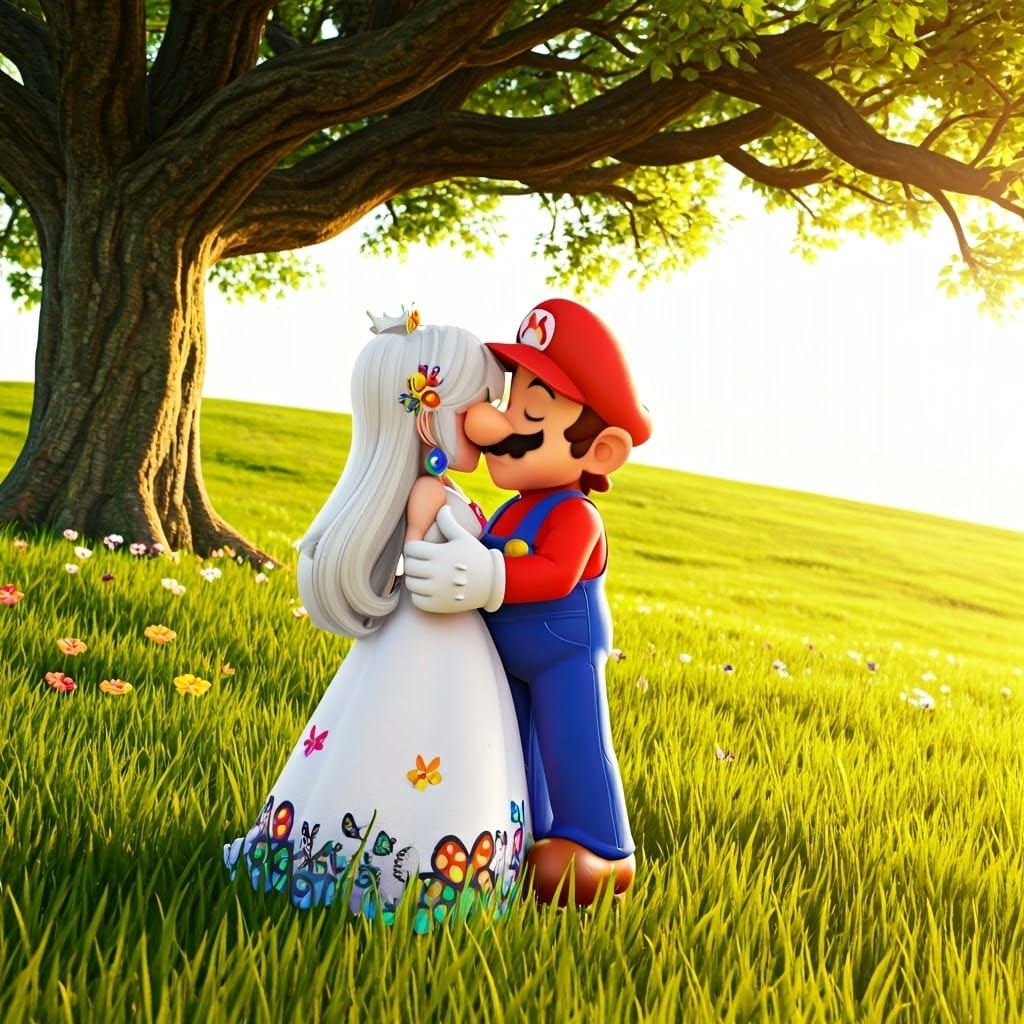 Super Mario's Romantic Kiss in a Lush Meadow