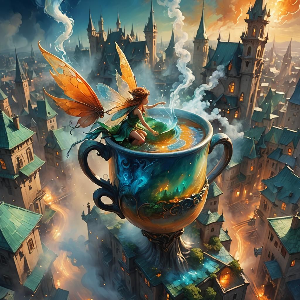 Fairy Over Miniature City: Vibrant Oil Painting