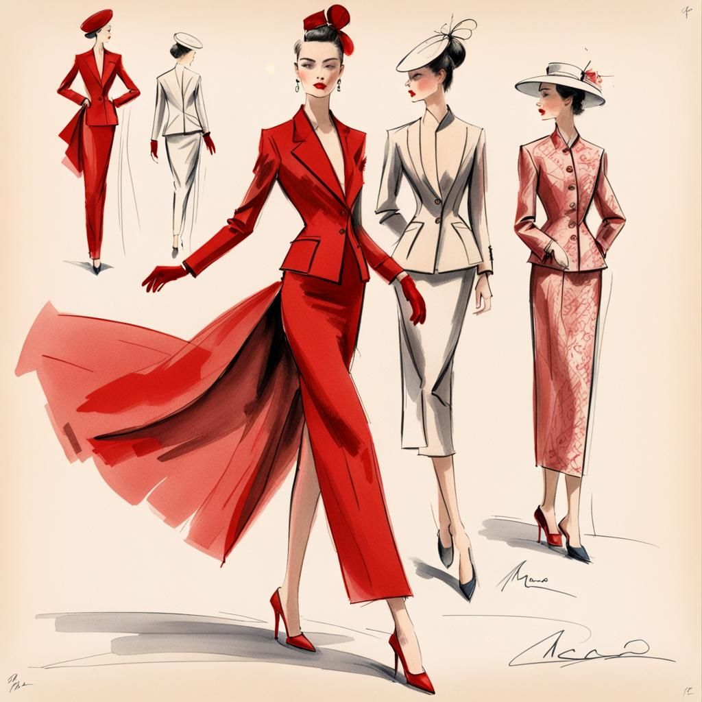 Red Haute Couture Fashion Croquis of Suit
