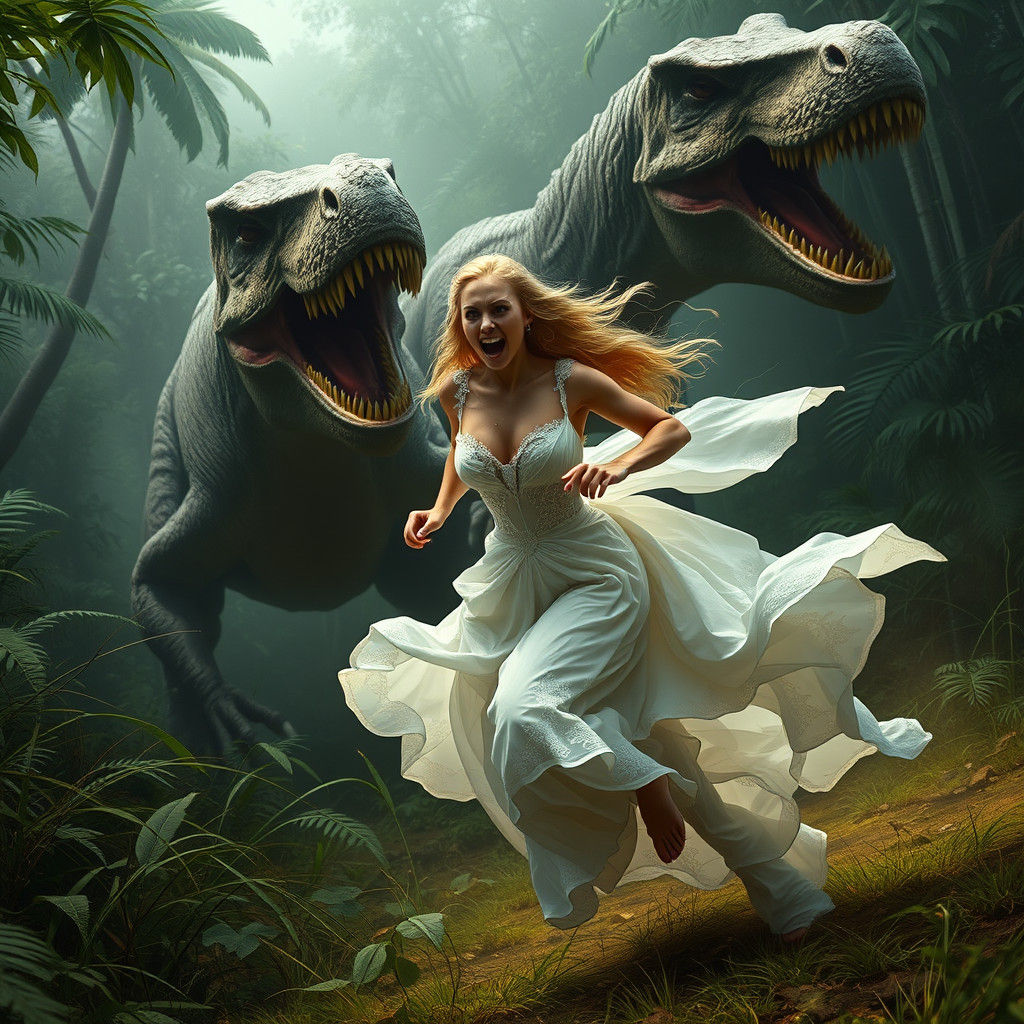 Blonde Woman Running from Dinosaurs in Fantasy World