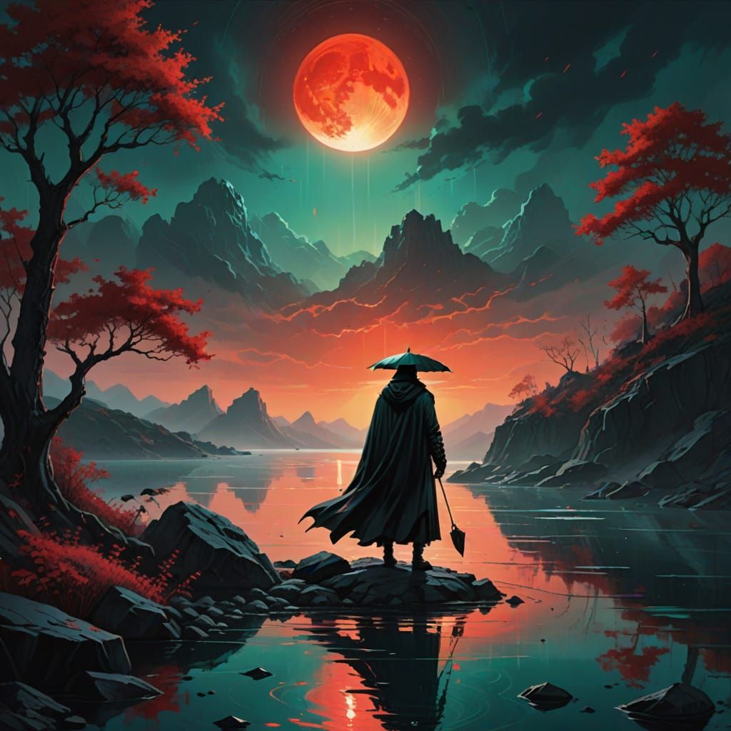 Mysterious Figure Contemplates Giant Sun on Rocky Island