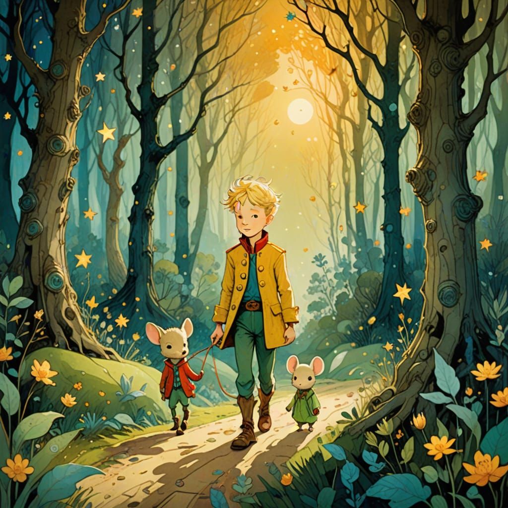 Little Prince & Mouse in Mystical Forest Illustration
