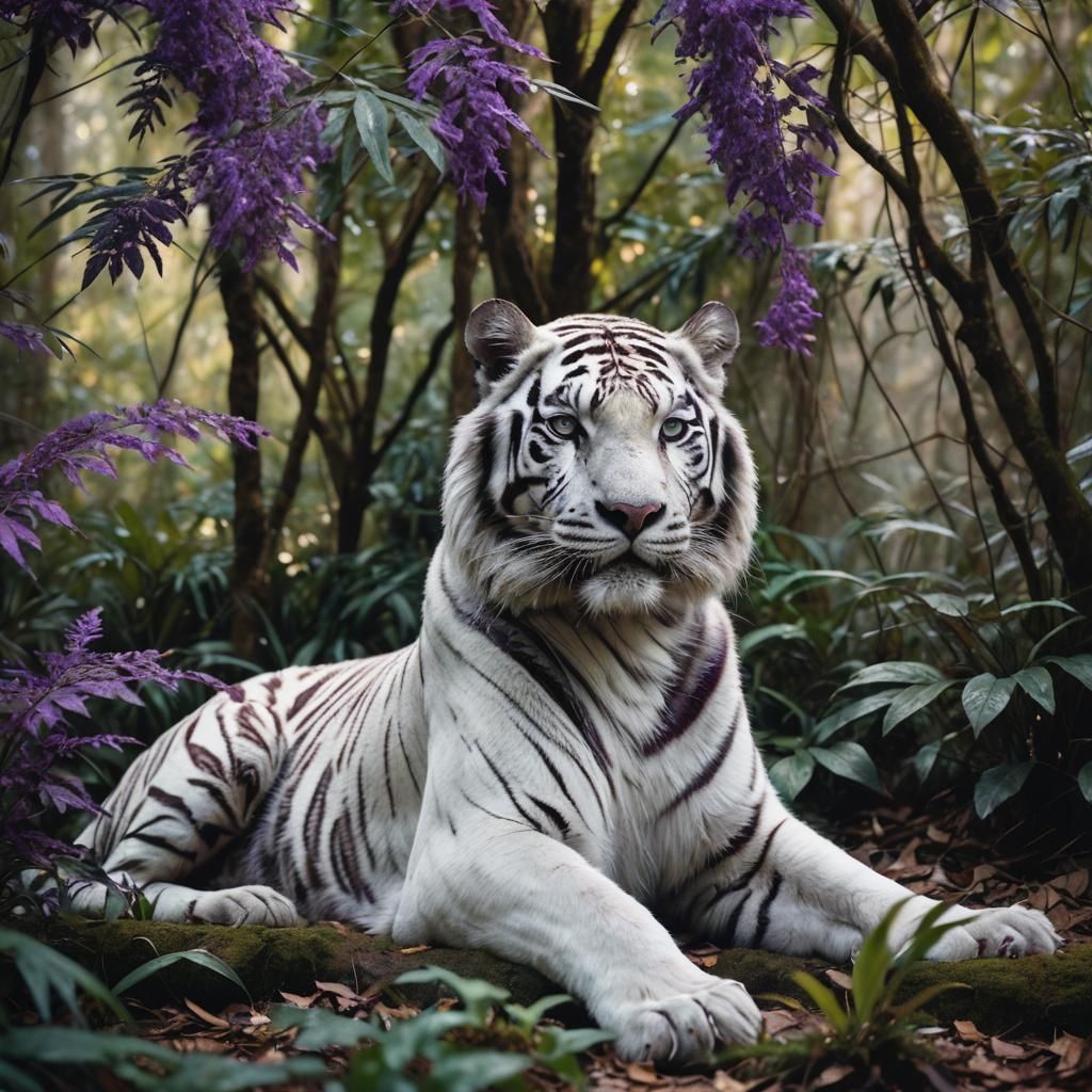 White Tiger with Purple Stripes in Cinematic Style