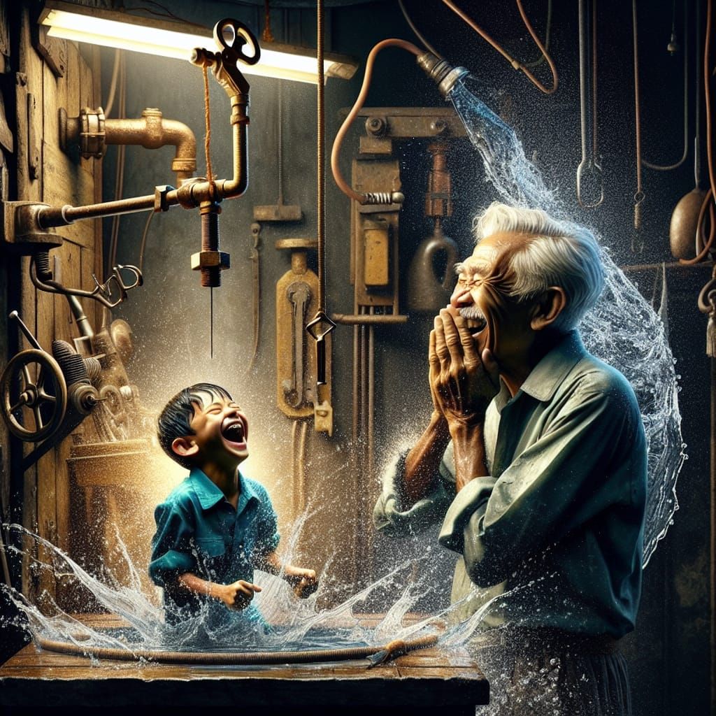 Joyful Grandfather and Grandson Water Prank