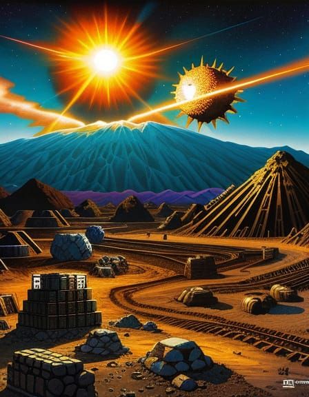 Cyberpunk Mining Scene with Gold Ore Meteors