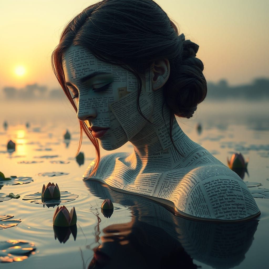 Dreamlike Scene of Book Page Woman on Tranquil Lake