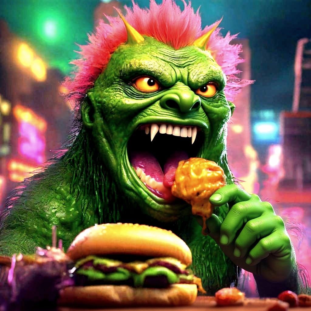 Punk Rock Wasabi Monster Eats Artful Cheeseburger