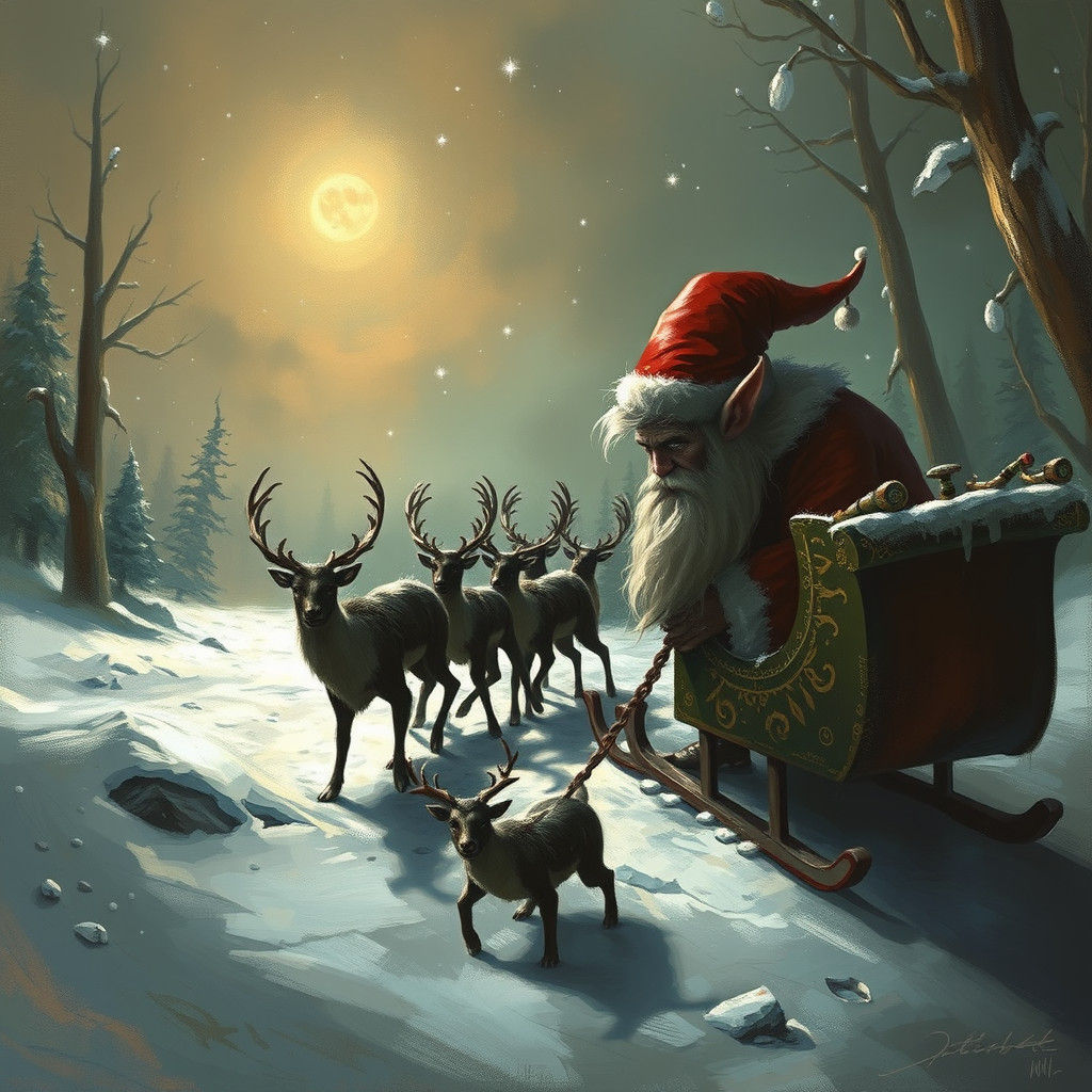 Sinister Santa Elf with Reindeer Sleigh
