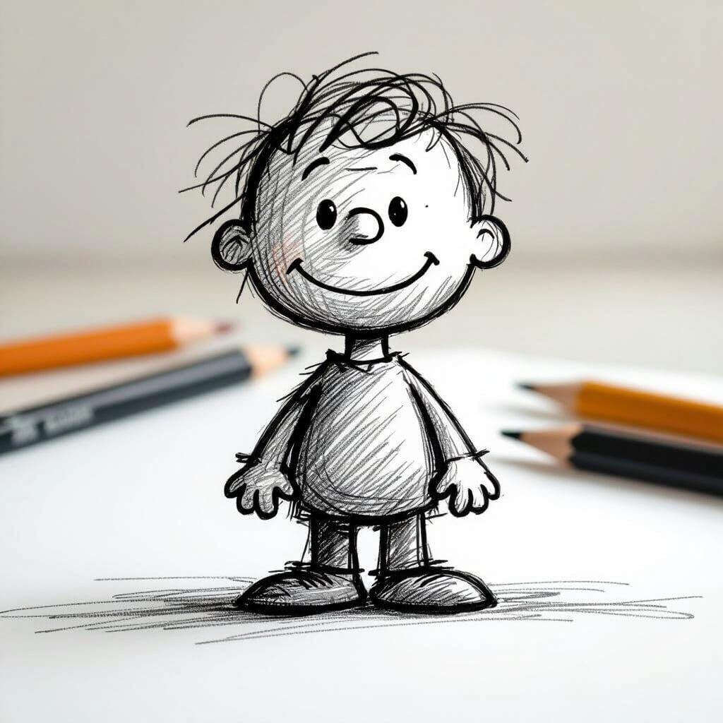 Whimsical Graphite Character on Sketchbook Page