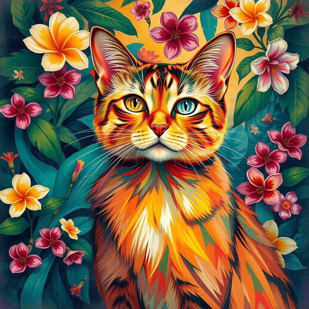 Vibrant Kandinsky-Inspired Cat in Exotic Tropical Landscape